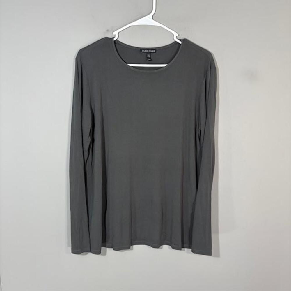 Eileen Fisher Shirt Womens Medium Gray Solid Crew Neck Long Sleeve Silk Top
